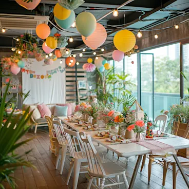 Joyful goodbye party with themed decorations and giant card