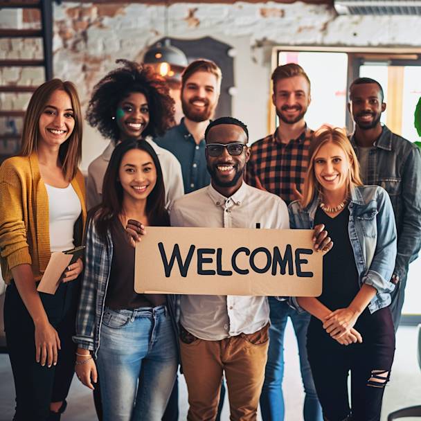 A diverse group of trendy office workers standing together in a circle, smiling and holding a welcome sign