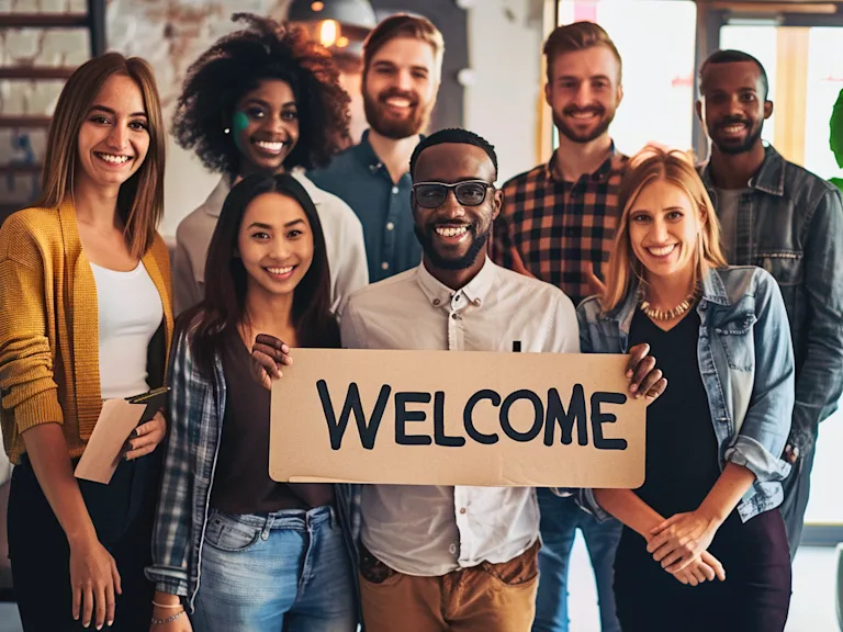 A diverse group of trendy office workers standing together in a circle, smiling and holding a welcome sign
