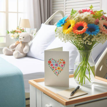 A hand-written card on a bright hospital bedside table with a vase of cheerful flowers