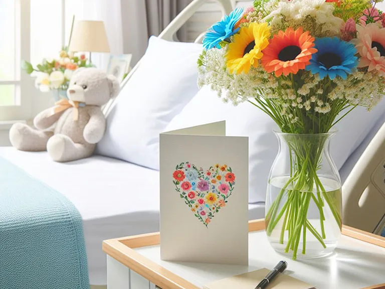A hand-written card on a bright hospital bedside table with a vase of cheerful flowers