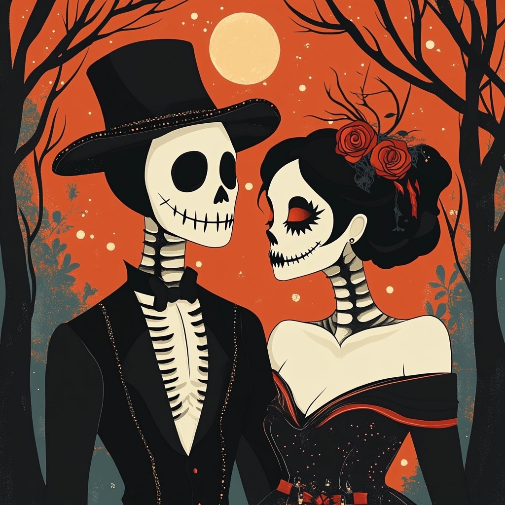 Spooky couple illustration at Halloween wearing costumes