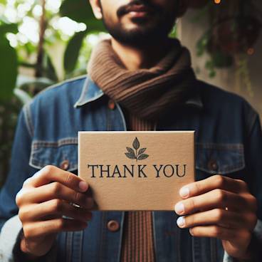 Photograph of a man holding a handmade card with the text Thank You