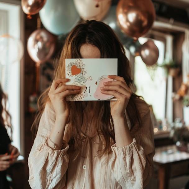 Photograph of a woman covering their face with a a 21st birthday card