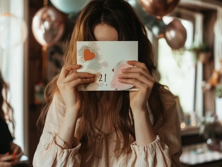 Photograph of a woman covering their face with a a 21st birthday card