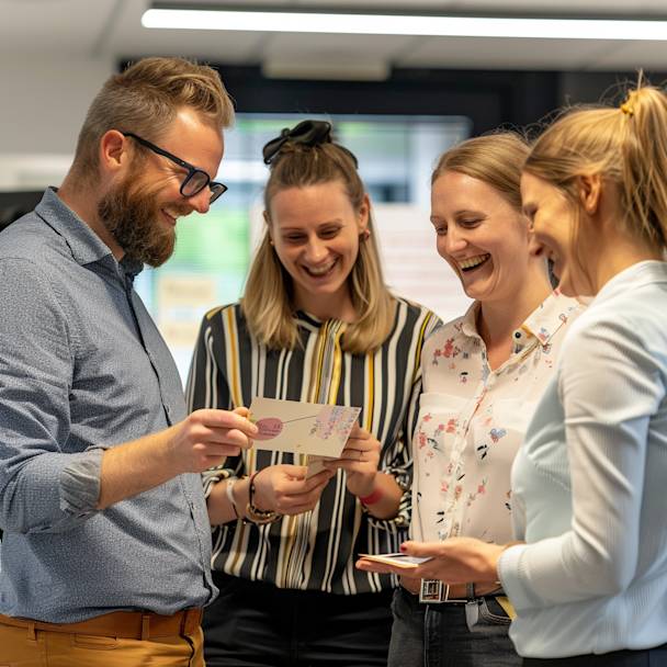 Boss and colleagues sharing smiles and laughter over a leaving card