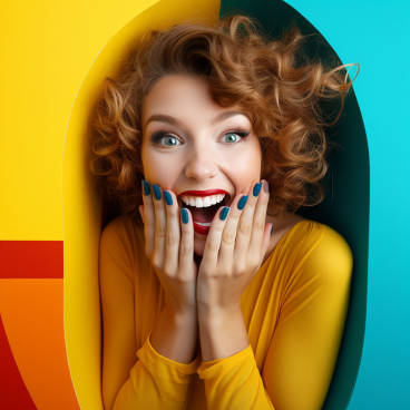 Woman laughing against colourful background