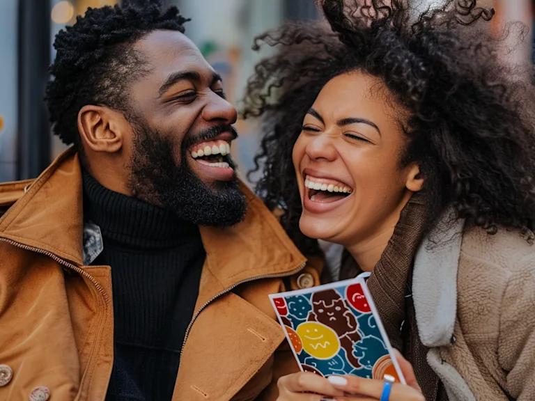Couple laughing together with a funny greeting card