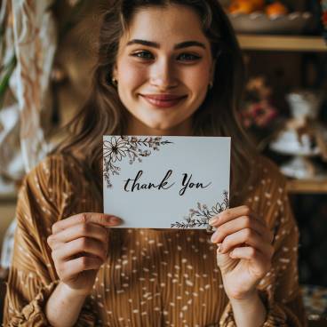 Photograph of a woman holding a handmade card with the text Thank You