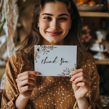 Photograph of a woman holding a handmade card with the text Thank You