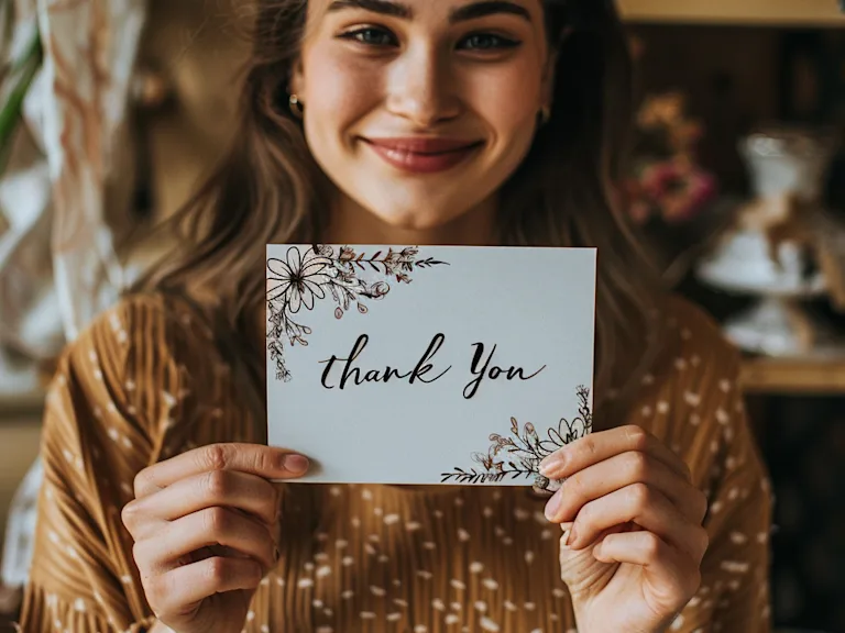 Photograph of a woman holding a handmade card with the text Thank You