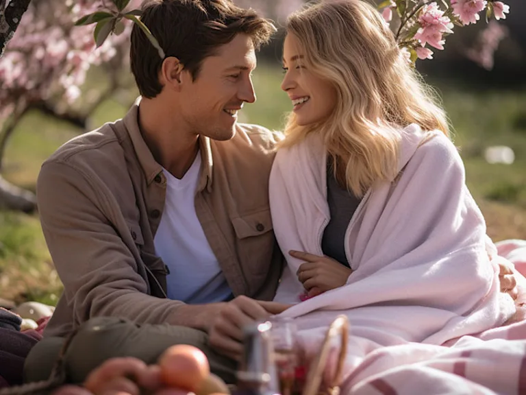 Photograph of a couple enjoying a romantic picnic, with a cozy blanket, basket of goodies, and surrounding soft pink flowers