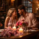 Photograph of a couple on a quaint dinner date setup with soft lighting, flowers, and a hint of chocolate indulgence