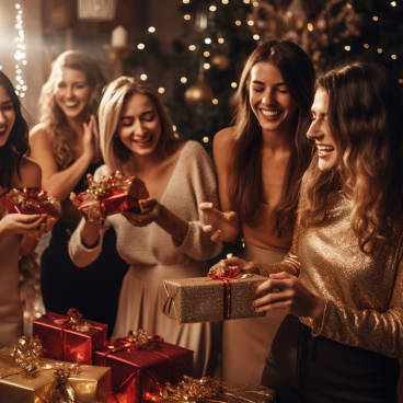 Photograph of friends exchanging gifts at a New Year celebration