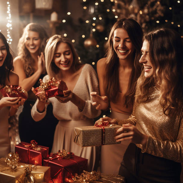 Photograph of friends exchanging gifts at a New Year celebration