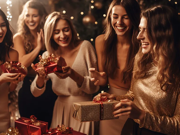 Photograph of friends exchanging gifts at a New Year celebration