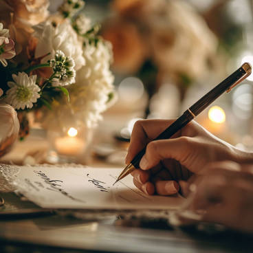 Someone writing a personalized congratulations message inside a wedding card, surrounded by the soft ambiance of wedding celebrations
