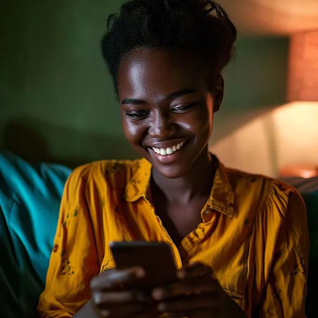 Person smiling while reading an online greeting card on their mobile device