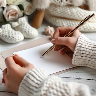 Photograph of hands holding a pen, writing a heartfelt message on a maternity leave card, with baby booties in the background