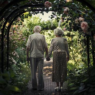Photograph of an elderly couple holding hands in a lush garden, symbolizing lasting love and companionship