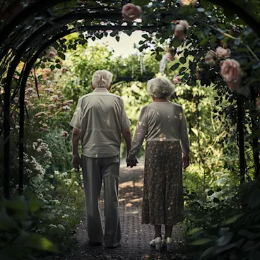 Photograph of an elderly couple holding hands in a lush garden, symbolizing lasting love and companionship