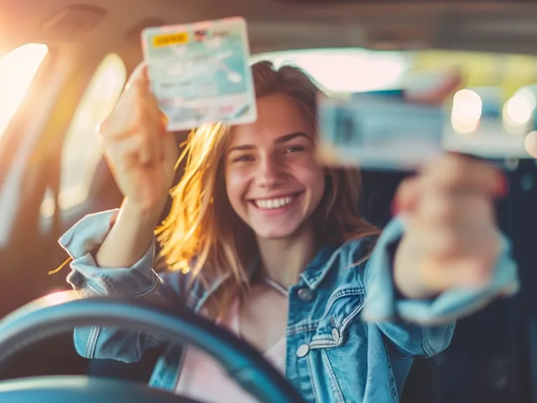 A joyful person holding up their new driver's license with a big smile, symbolizing the achievement of passing the driving test.