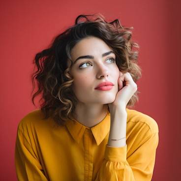 Woman thinking about choosing the right card design