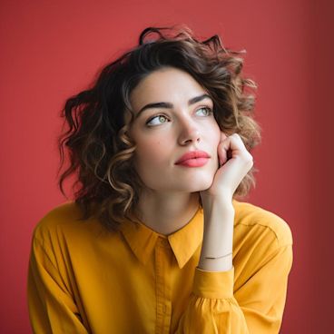 Woman thinking about choosing the right card design