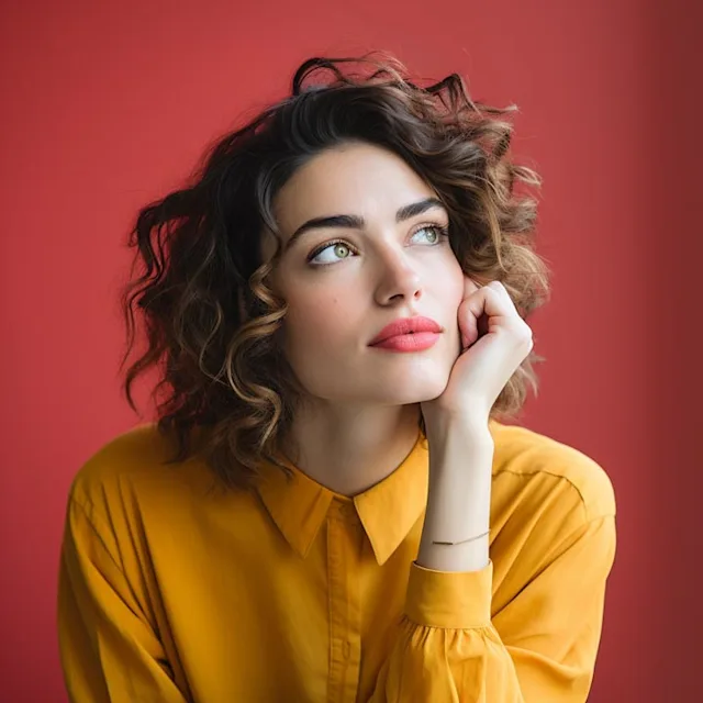 Woman thinking about choosing the right card design