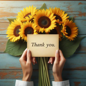 Two hands exchanging a heartfelt thank-you note in front of cheerful sunflowers.