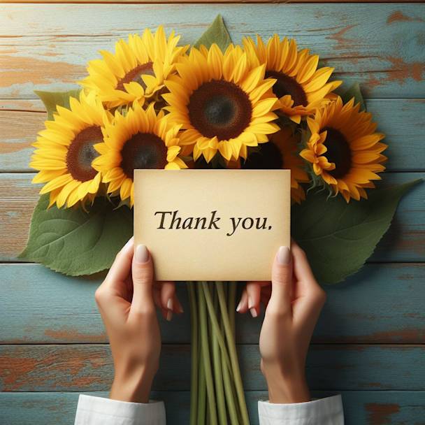 Two hands exchanging a heartfelt thank-you note in front of cheerful sunflowers.