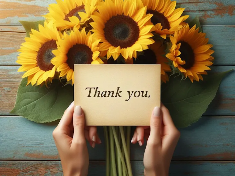 Two hands exchanging a heartfelt thank-you note in front of cheerful sunflowers.
