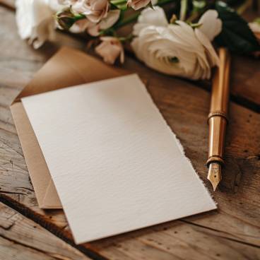 Ready to Write Wedding Card Message gold pen white wedding flowers, wooden table