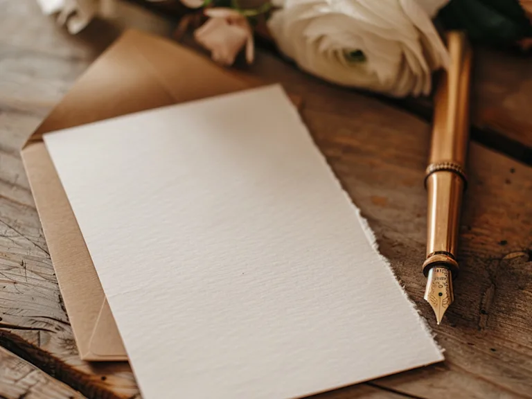 Ready to Write Wedding Card Message gold pen white wedding flowers, wooden table