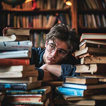 A dedicated student deeply focused on studying amidst a pile of books, signifying the importance of exams