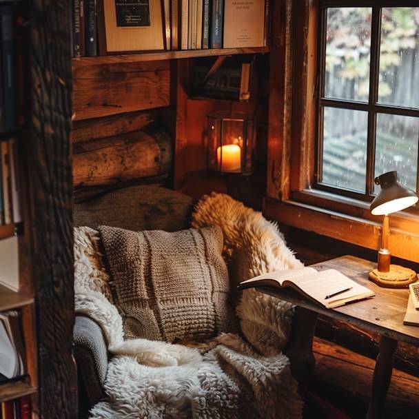 Photograph of a cozy writing nook with a sympathy card in progress, suggesting warmth and personal touch