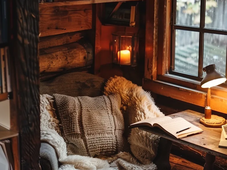 Photograph of a cozy writing nook with a sympathy card in progress, suggesting warmth and personal touch