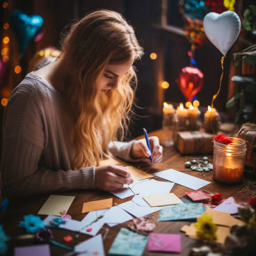 Photograph of a person writing a thoughtful message in a leaving card, with a variety of colorful pens and decorations around.