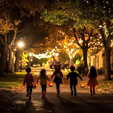 A group of children in Halloween costumes trick-or-treating in a neighbourhood decorated with spooky decorations.