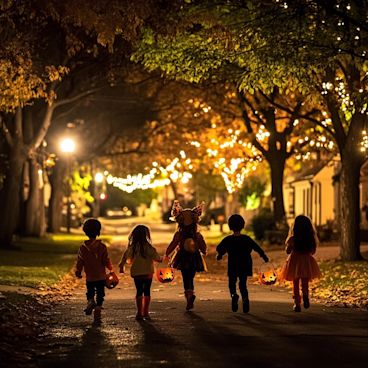 A group of children in Halloween costumes trick-or-treating in a neighbourhood decorated with spooky decorations.