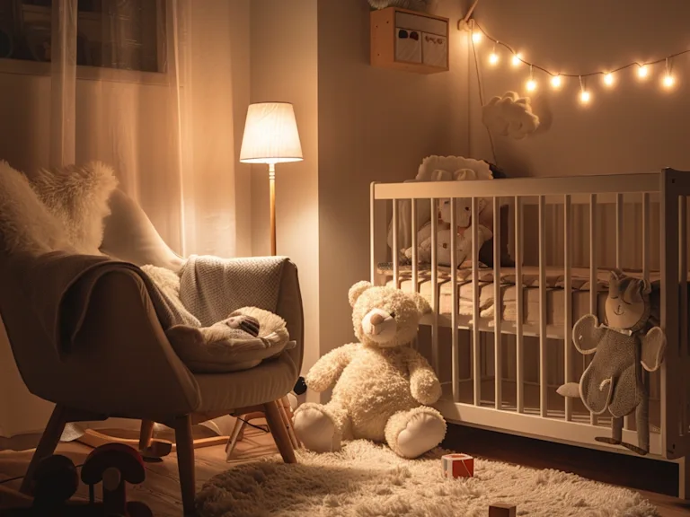 Photograph of a warm, cozy nursery with soft lighting and plush toys waiting for the new arrival
