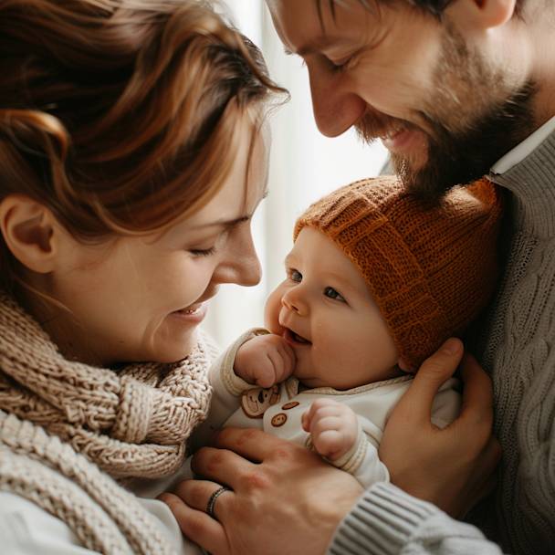 Two loving parnets welcoming and saying hello to an adopted baby