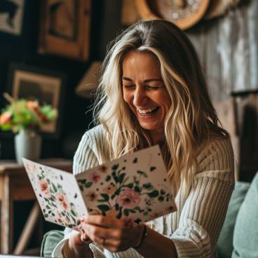 A woman smiling and reading a 50th birthday card