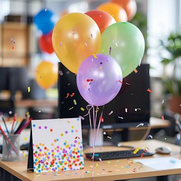 Photograph of colorful balloons and confetti around a workstation with a work anniversary card prominently displayed