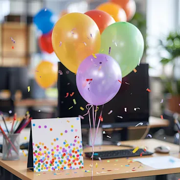 Photograph of colorful balloons and confetti around a workstation with a work anniversary card prominently displayed