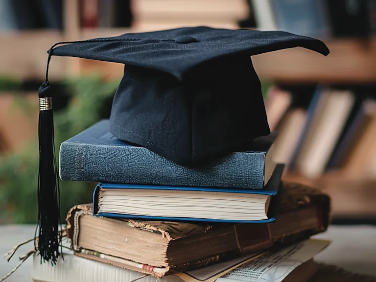 Graduation cap on a stack of books with a card leaning against them