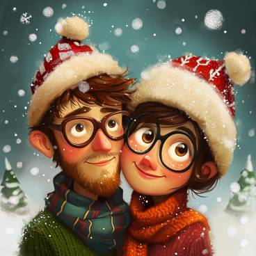 Illustrated couple smiling at Christmas time in the snow