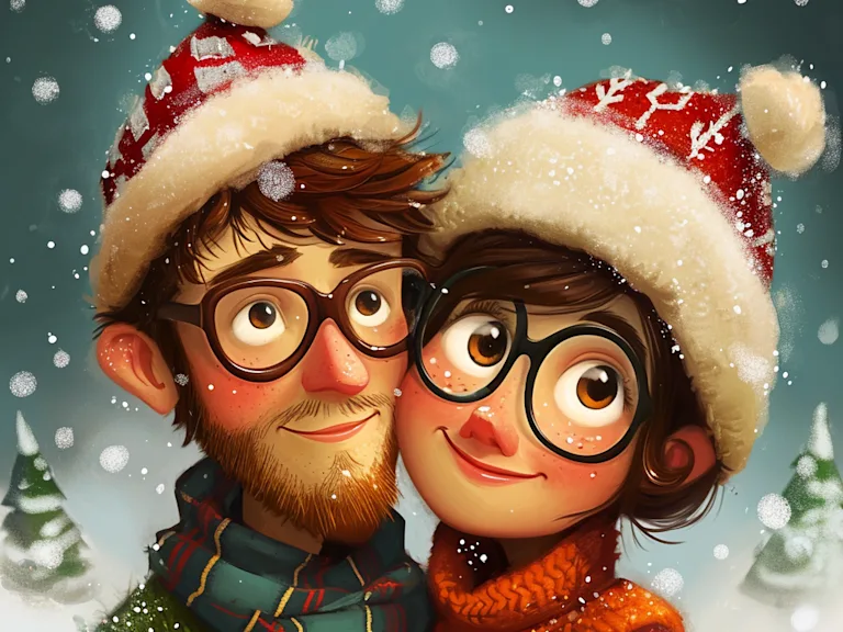 Illustrated couple smiling at Christmas time in the snow