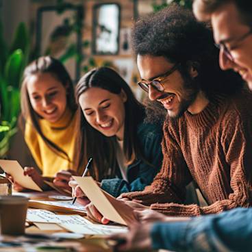 A group of happy people writing greeting cards together