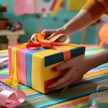 Person creatively wrapping a gift with colorful paper and ribbons